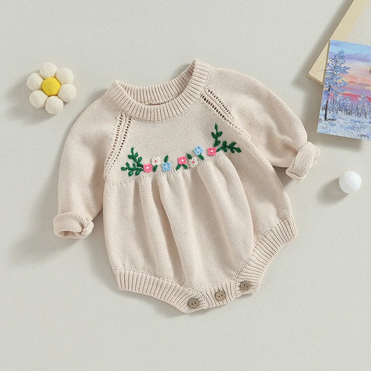 Infant Girls Floral Embroidered Knit Rompers with Long Sleeves and Crew Neckline - Cozy Toddler Jumpsuits for Autumn