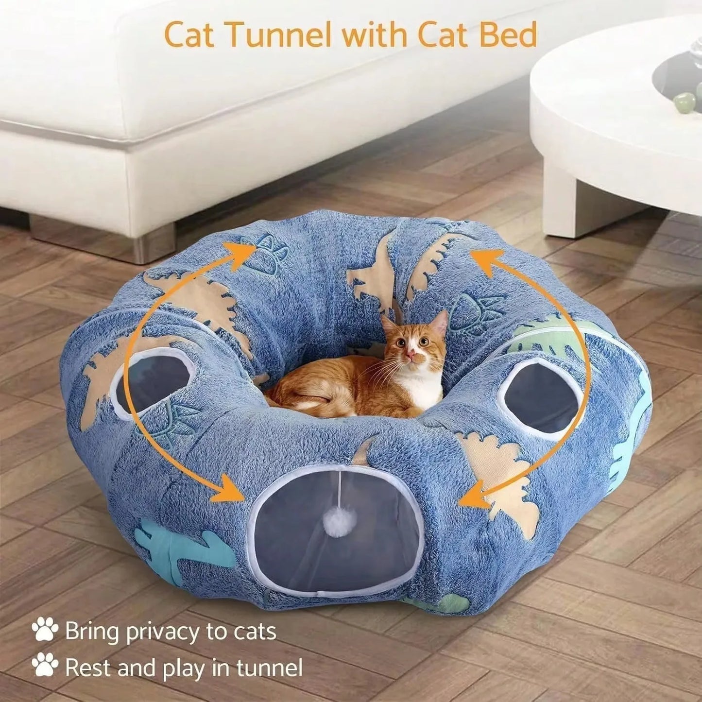 3 in 1 Cat Tunnel Foldable Storage Glows at Night with Washable Round Mat 4 Openings Design for up to 10kg Cats Rabbits Puppies