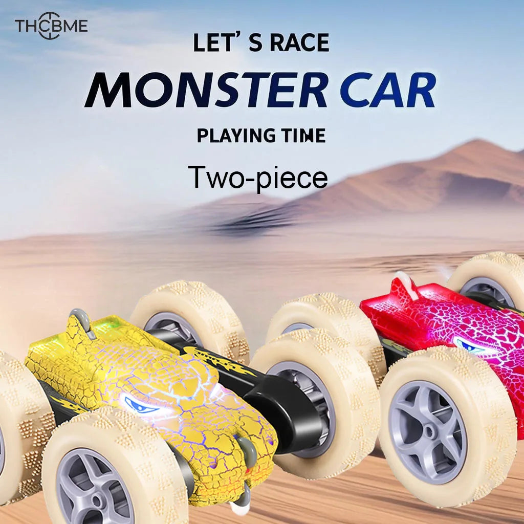 【local warehouse】Set of 2 new crack dinosaur remote control car, double side light with stunt, high speed reversible,toys for bo