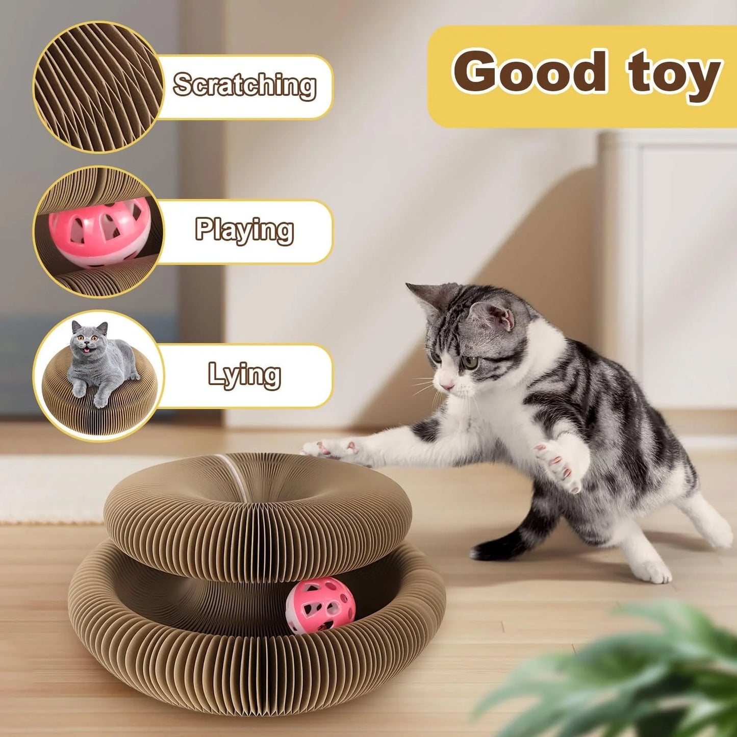 Kitty Curlz Cat Scratching Board (1/2pcs) – Foldable, Recyclable,Scratch-Resistant Toy with Ball for Fun Interactive Indoor Play