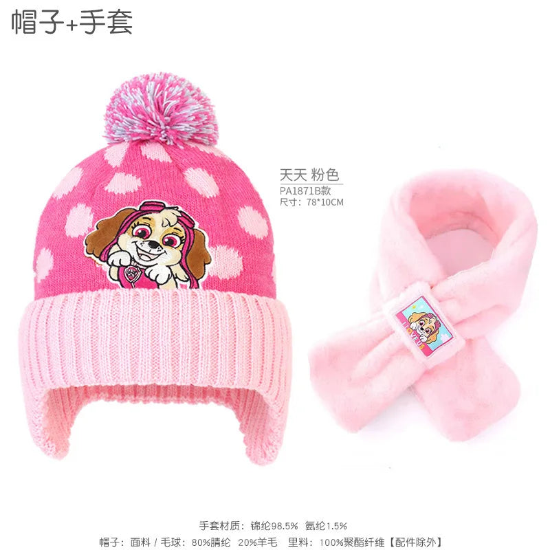 2-3PCS/SET Genuine PAW PATROL Winter Hat Glove Scarf SET Cute Cartoon Skye Chase Boys Girls Baby Cap Christmas Gifts