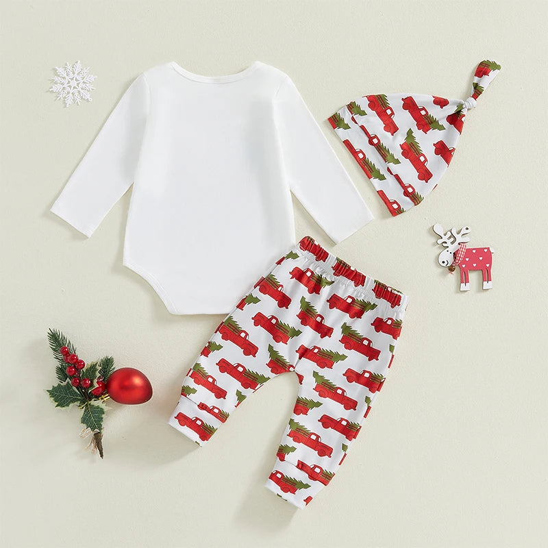 3Pcs Baby Christmas Outfits Long Sleeve Truck Print Romper Pants Hat Set Infant Clothes