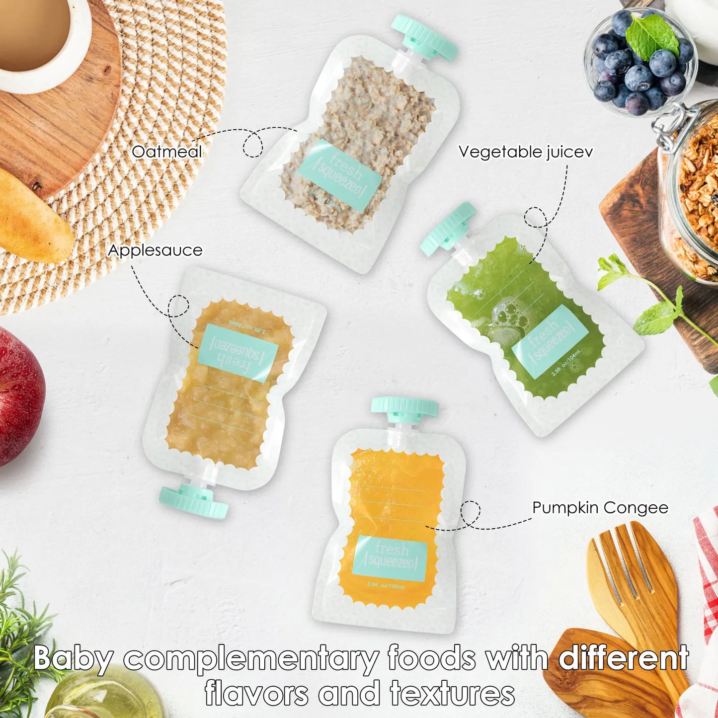 Squeeze Station for Baby Reusable Fruit Puree Pouch Filling Maker with 5 Portable Bags Pouch Filling Station for Homemade Food