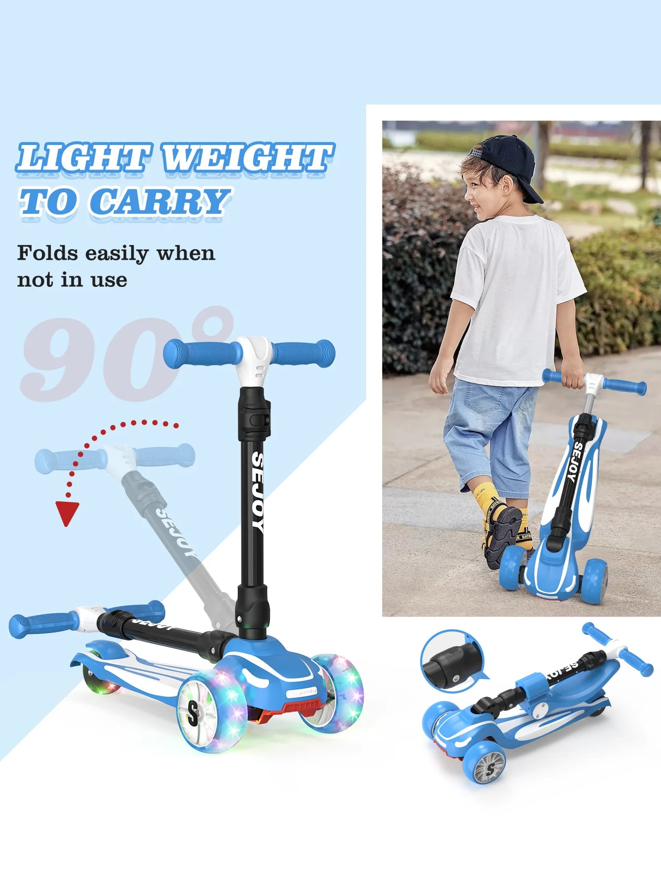 SEJOY Kick Scooter for Kids with 3 Light Up Wheels and Adjustable Height,Children's Foot Scooters,Baby Toys Gift