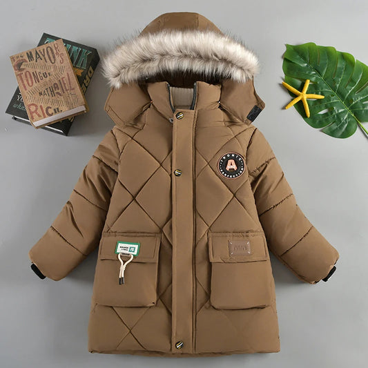 New Winter Boys Jacket Long Style Letter Print Thick Warm Hooded Coat Fur Collar Down Cotton Outerwear For 4-10 Years Kids