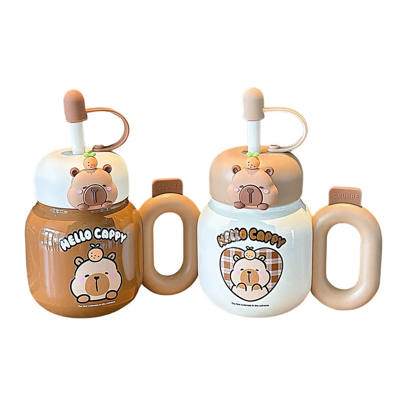 Cute Thermos Bottle With Handle Girls Straw Water Cup Desktop 316 Stainless Steel Tea Water Separation Insulated Cup Tumbler