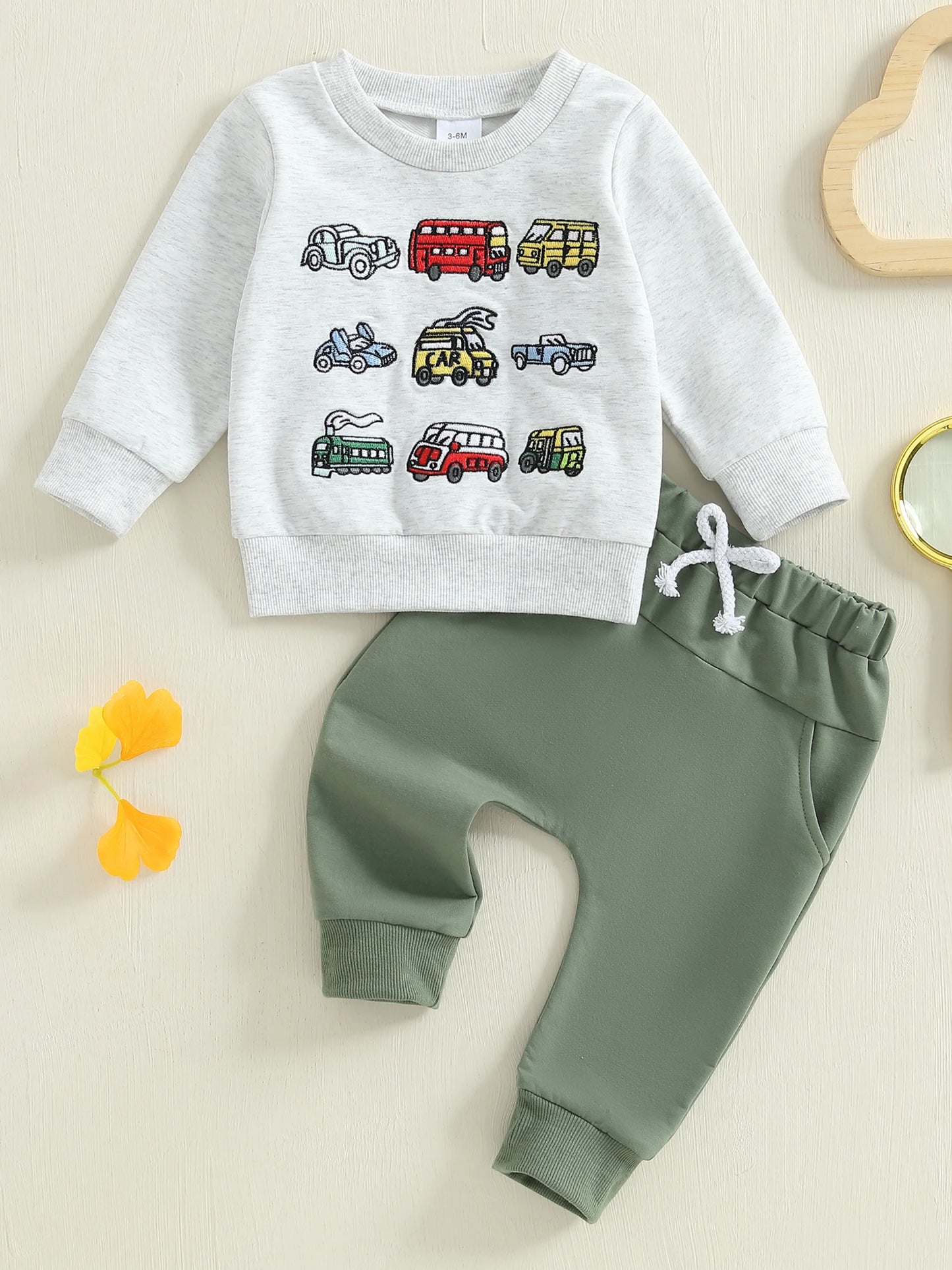 Cute Toddler Boy Autumn Clothes Cars Print Sweater Elastic Waist Pants 2 Piece Set for Fall Season Style