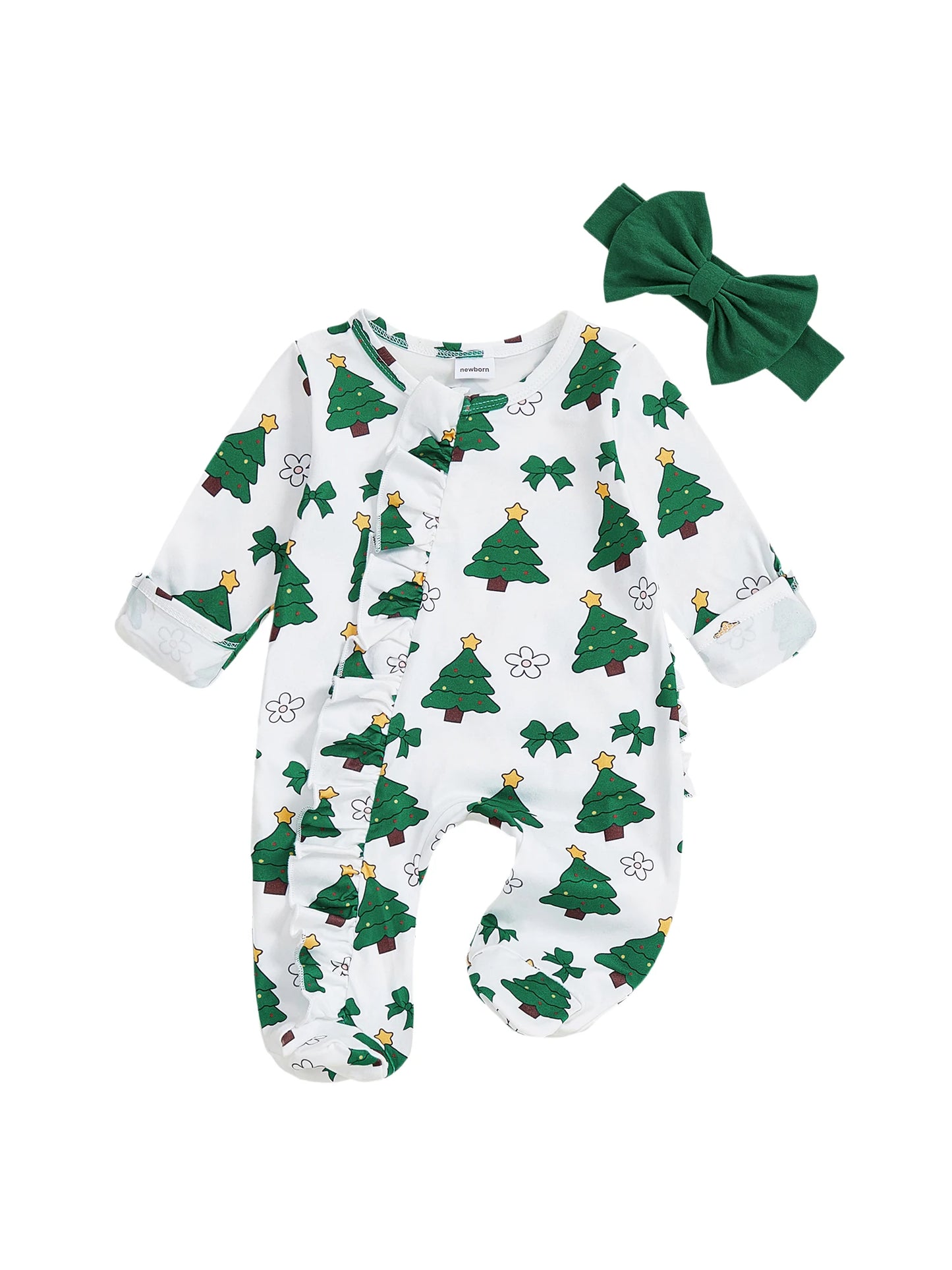 Cute Baby Boy Christmas Romper Reindeer Print Long Sleeve Snap Up Footed Jumpsuit with Matching Hat and Socks
