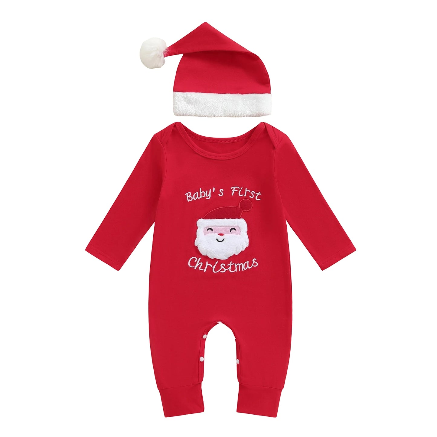 Infant Holiday Romper with Festive Santa Claus Embroidery Long Sleeves Round Neck and Matching Hat for Christmas Fun