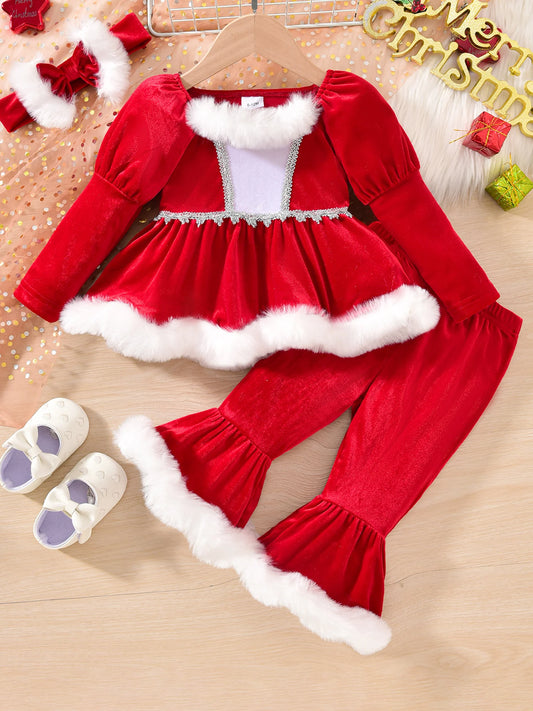 3Pcs Christmas Toddler Girl Outfit Long Sleeve Square Neck Plush Trim Tops with Elastic Waist Flare Pants Headband