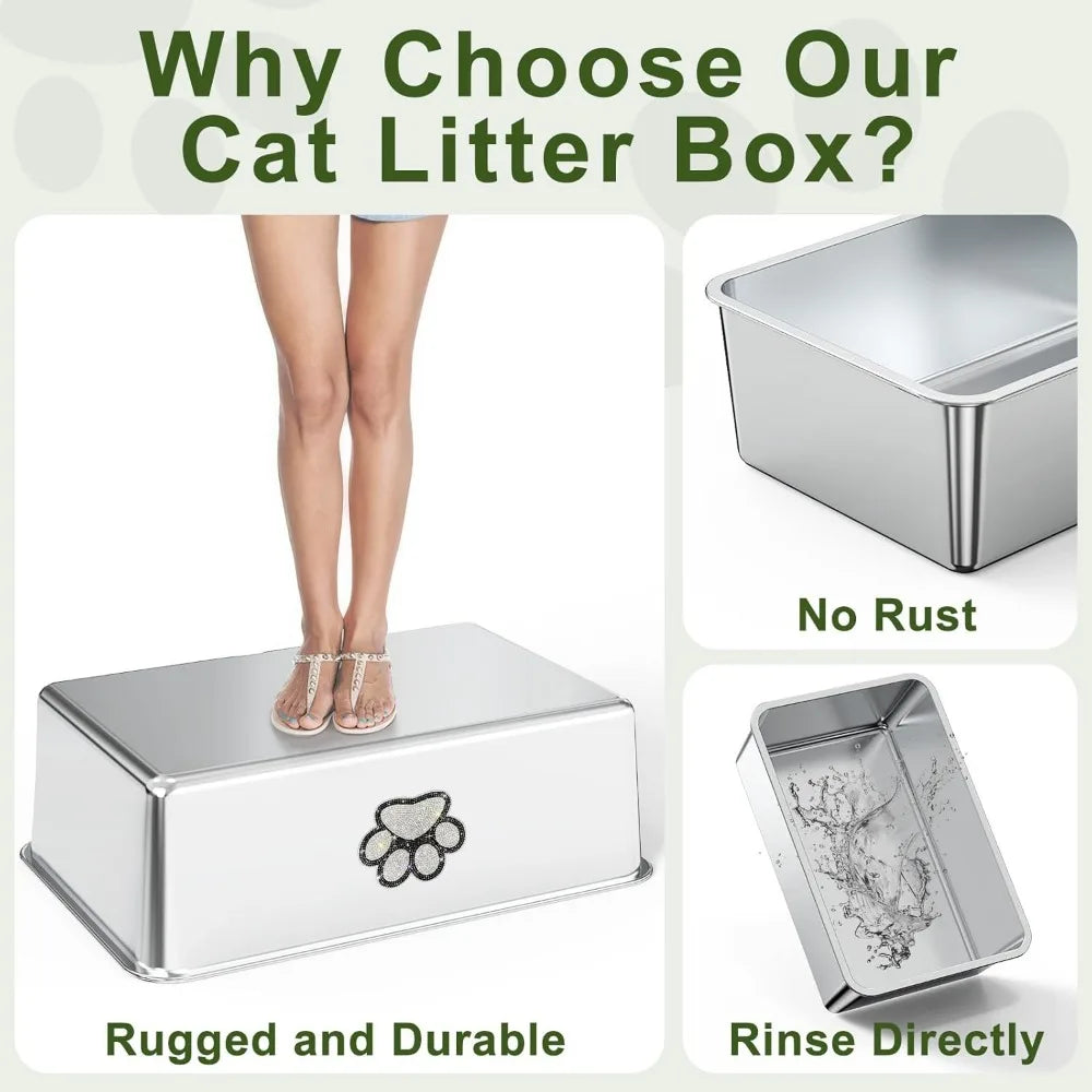 Stainless Steel Cat Litter Box High Side, XL Metal Litter Pan with Bling Paw, Kitten Toilet Pet Cleaning Tool for Big & Small Ca