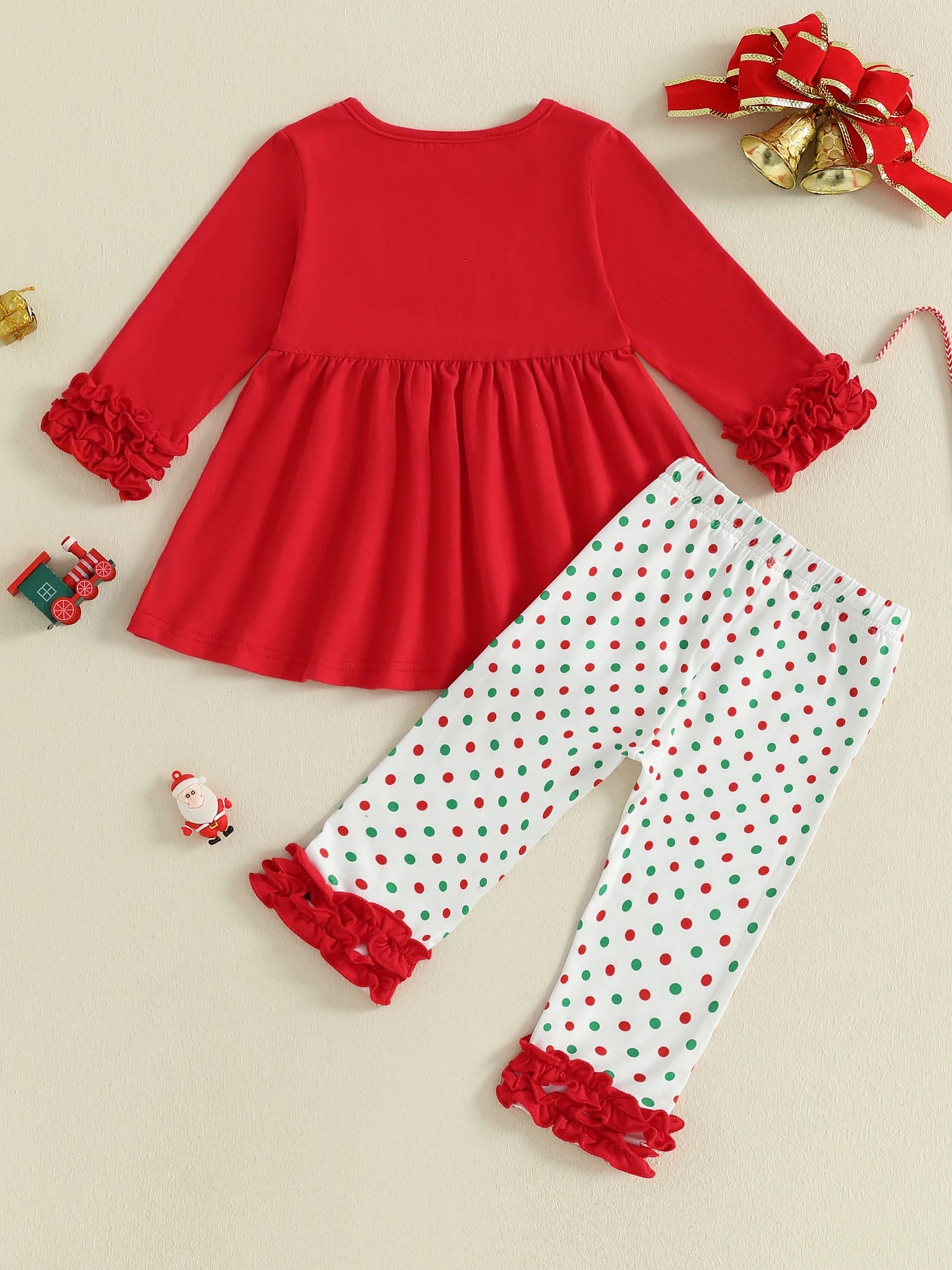 Baby Girl Winter Holiday Outfits Red Plaid Ruffle Sleeve Top Snowflake Print Leggings 2 Piece Set with Bow Detail