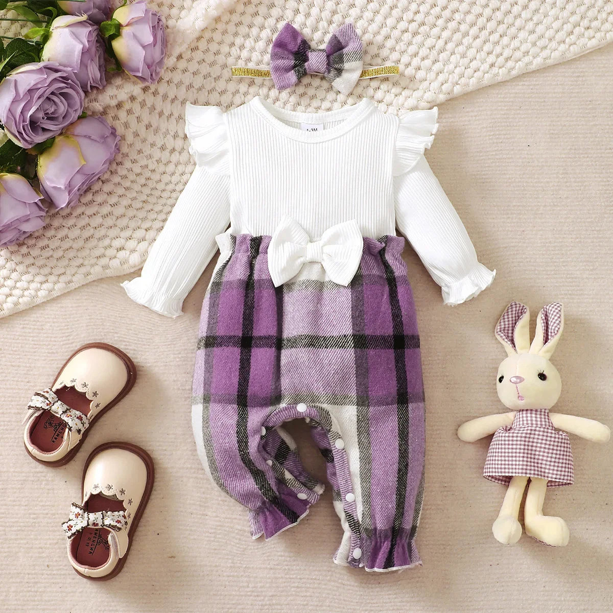 0-18 Months Baby Girl Spring Autumn Outfit Pink Checkered Flying Sleeve Long Sleeve Jumpsuit + Headband