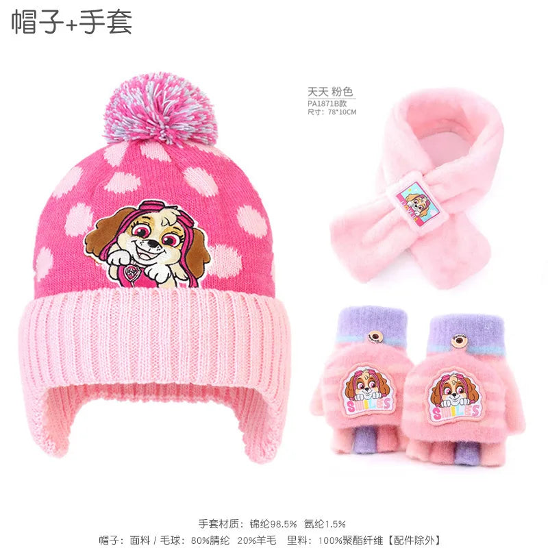2-3PCS/SET Genuine PAW PATROL Winter Hat Glove Scarf SET Cute Cartoon Skye Chase Boys Girls Baby Cap Christmas Gifts