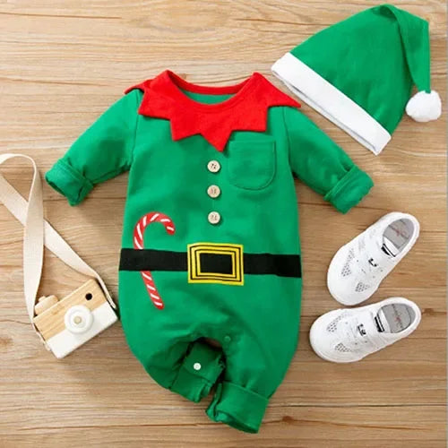 Christmas Children Clothes 0-24M Newborn Baby Boys Girls Bodysuits Long Sleeved Cartoon Velvet Jumpsuit New Year Clothing