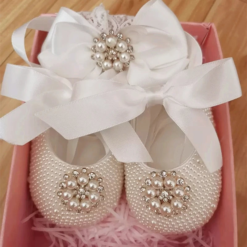 Dollbling Handmade White Pearls Bling Rhinestone Baby Crib Shoes Christening Outfit Wedding Sparkle Organza Baptism 0-3m Shoes