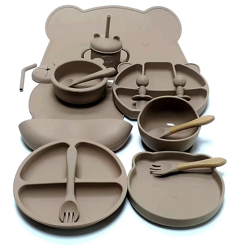 16pcs Dinner Plate Set Silicone Children's Tableware Set Baby Complementary Suction Cup Bowl Spoon Mother and Baby