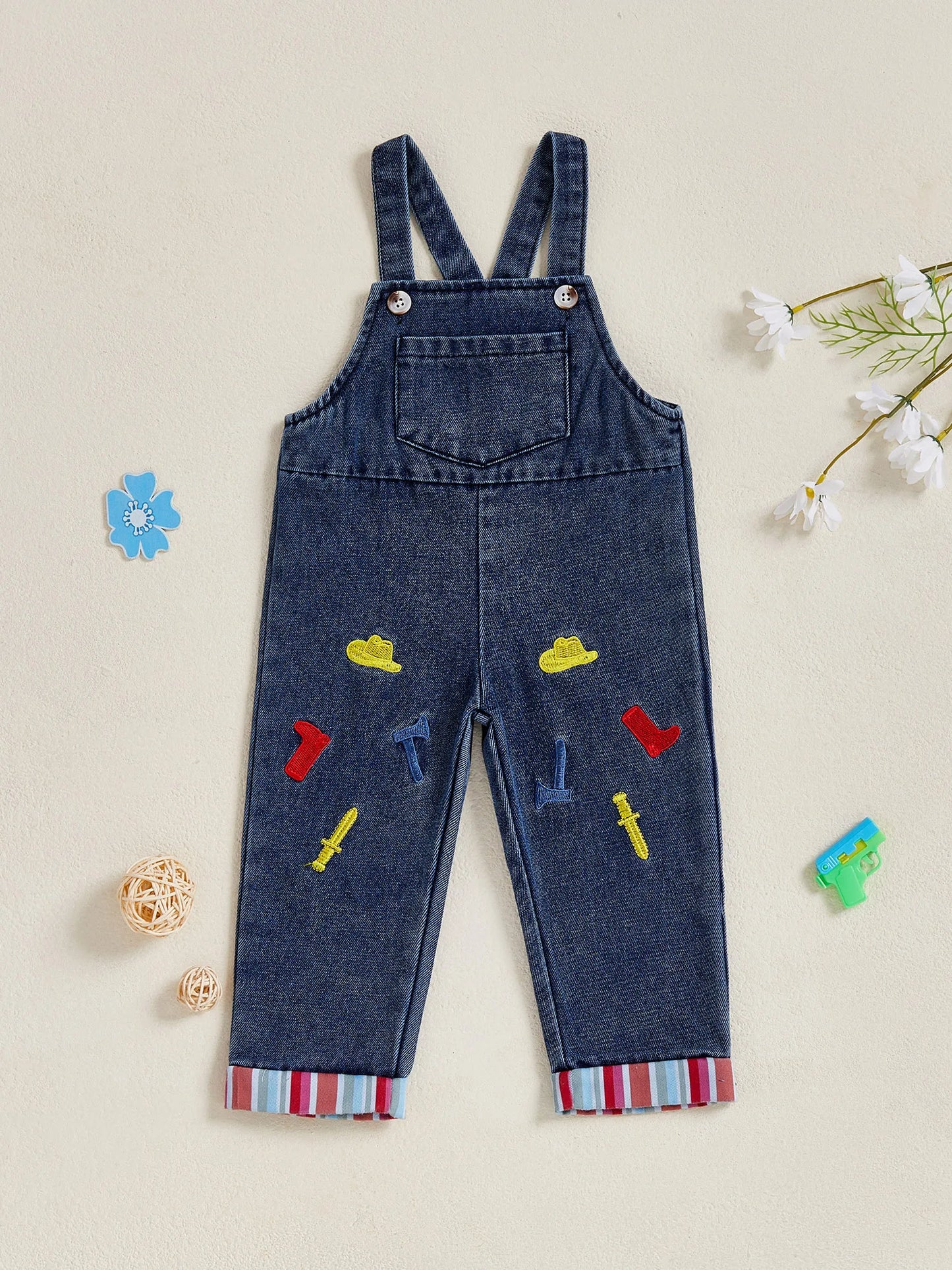 Stylish Toddler Denim Overalls with Embroidered Cowboy Hat and Boots Striped Legs Jumpsuit for a Western Vibe