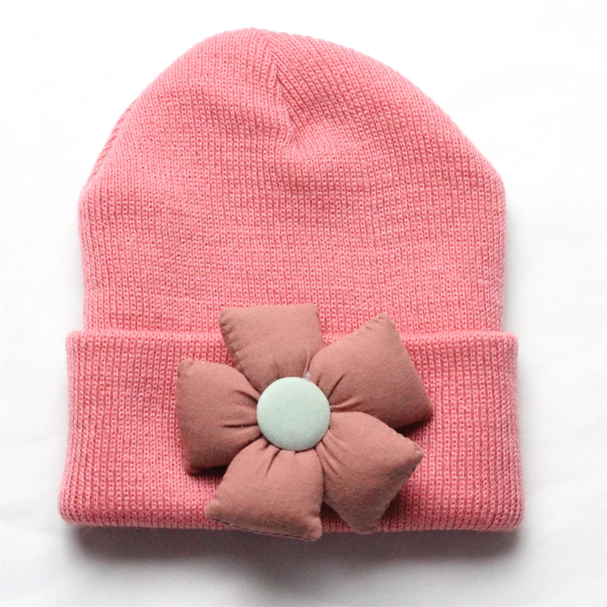 Flower Winter Knitted Hat for Baby Girl Hair Accessories Newborn Cute Winter Crochet Beanie with Fabric Sun Flower Infant Bonnet