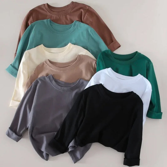 2-10Years Kids Base Shirt 2025 Spring Children's Cotton Girls' and Boys' Candy Color Long Sleeve Children's Round Neck T-shirt