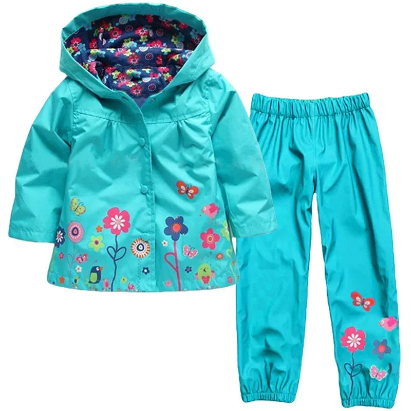 2PCS Unisex Toddler Waterproof Outfit - Spring Autumn Long-Sleeve Flower Print Coat & Pants
