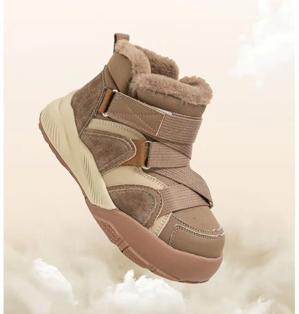 Winter Snow Boots For Children PU Leather Thick Warm Plush Boots For Boys Girls Soft Warm Cotton Shoes For Teenager Kids