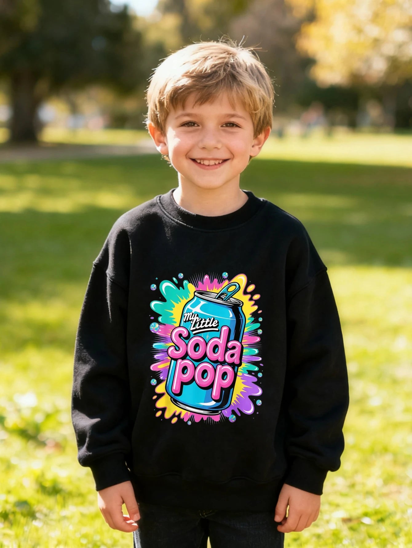 Kids Crew Neck Sweatshirt My Little Soda Pop Colorful Can Fun Design Boys Girls Graphic White Pullover For Daily Fashion