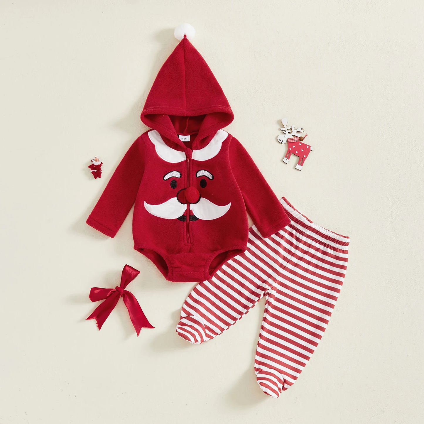 Christmas Toddler Outfit Adorable Santa Claus Hooded Jumpsuit with Matching Striped Pants for Baby Boys and Girls