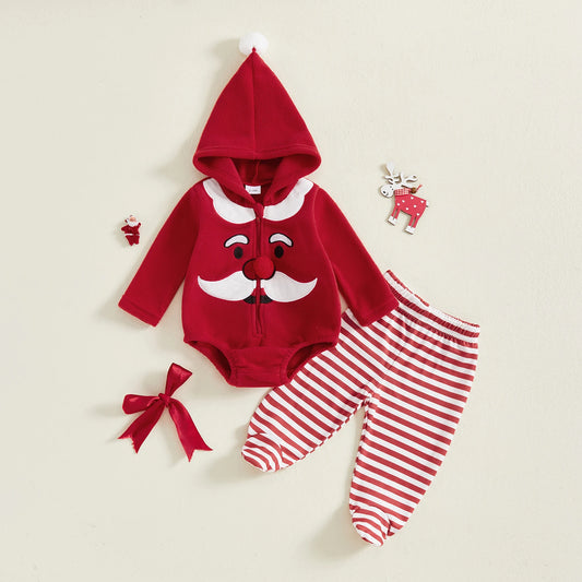Christmas Toddler Outfit Adorable Santa Claus Hooded Jumpsuit with Matching Striped Pants for Baby Boys and Girls