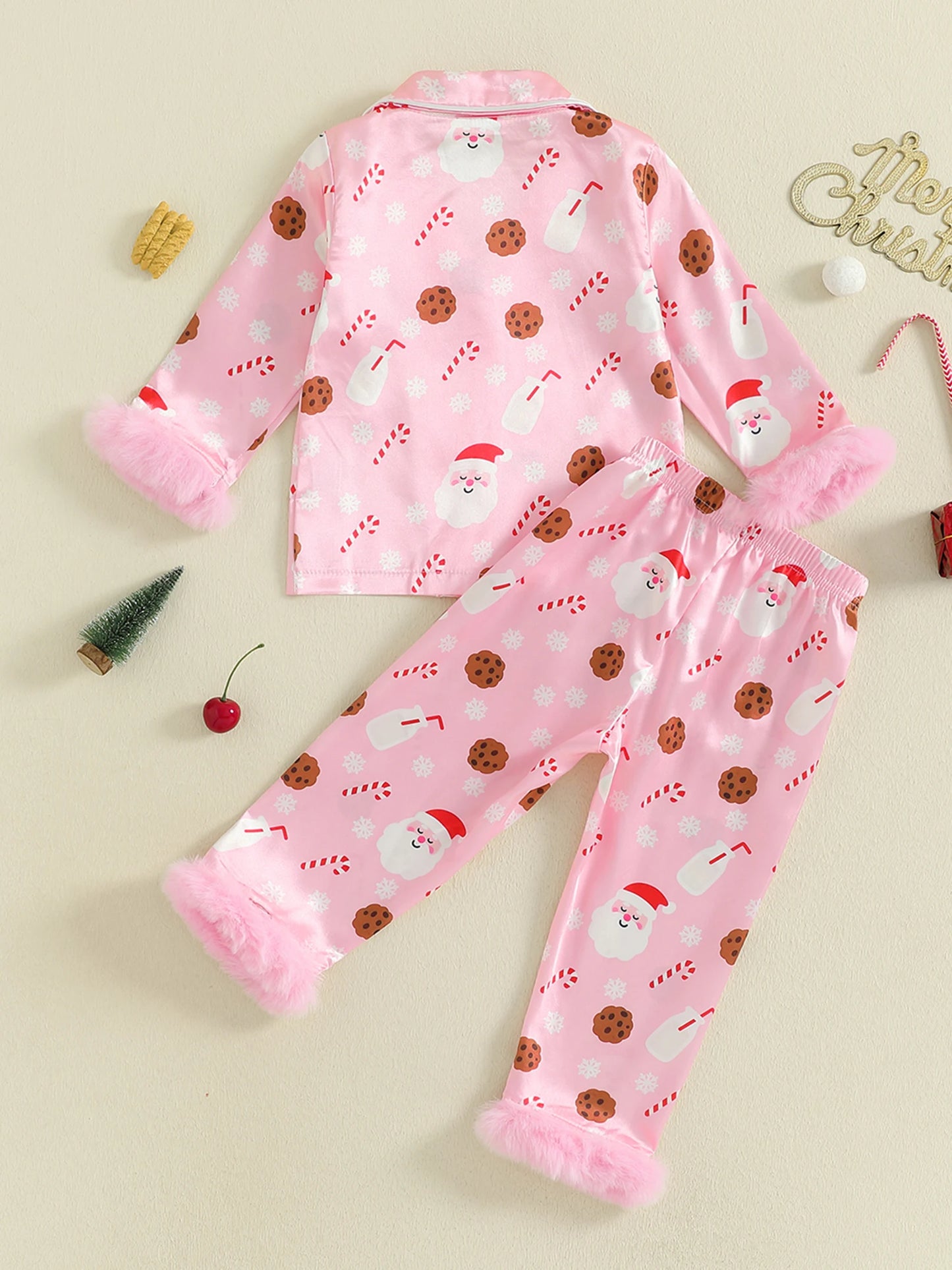 Christmas Toddler Girl Satin Pajamas Set with Reindeer Print Lapel Long Sleeve Button Down Tops and Pants Sleepwear for Winter