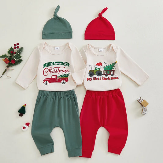 Infant Christmas Outfit Adorable Long Sleeve Romper with Tree Print Matching Pants and Hat for Baby Boy s Holiday Look