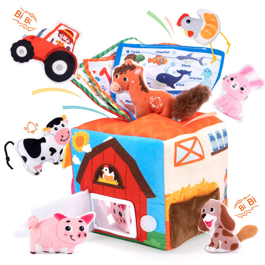 Baby Soft Plush Animal Tissues Box Simulated Farm Animals House Set with Sound Toddler Sensory Cognition Toys Montessori Toys