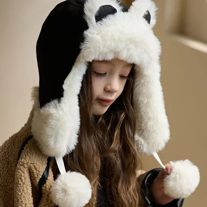 4-8Y New Winter Windproof Integrated Cap Scarf Soft Plush Warm Ear Protection Neck Cute Kids Beanie