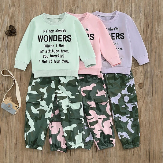 Girls 2-Piece Autumn Outfit with Long Sleeve O Neck Top and Camouflage Pants Featuring Letter Print