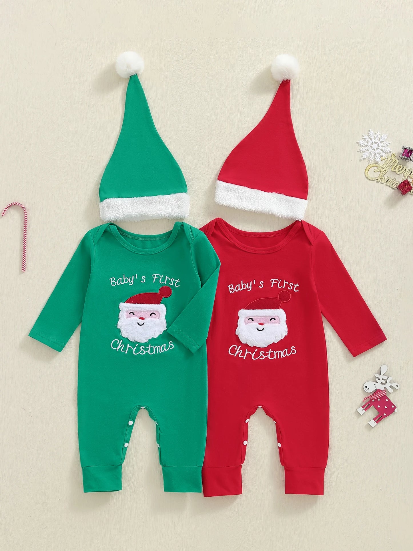 Infant Holiday Romper with Festive Santa Claus Embroidery Long Sleeves Round Neck and Matching Hat for Christmas Fun