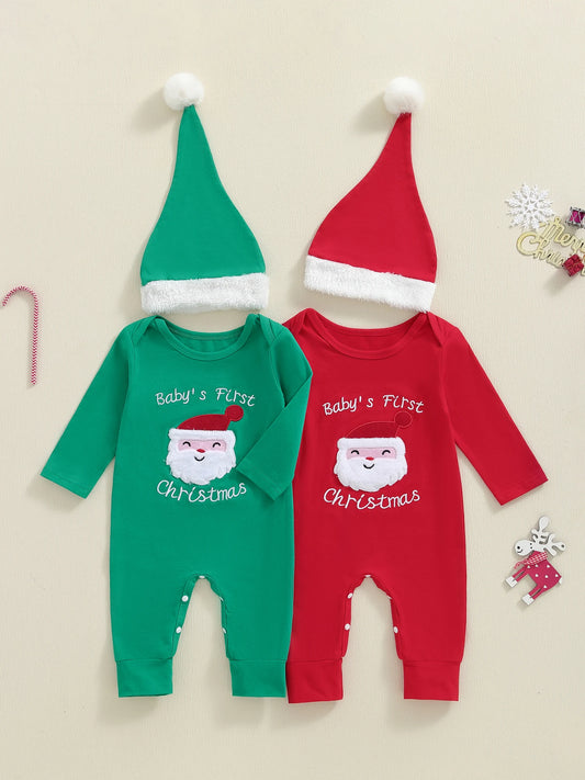 Infant Holiday Romper with Festive Santa Claus Embroidery Long Sleeves Round Neck and Matching Hat for Christmas Fun