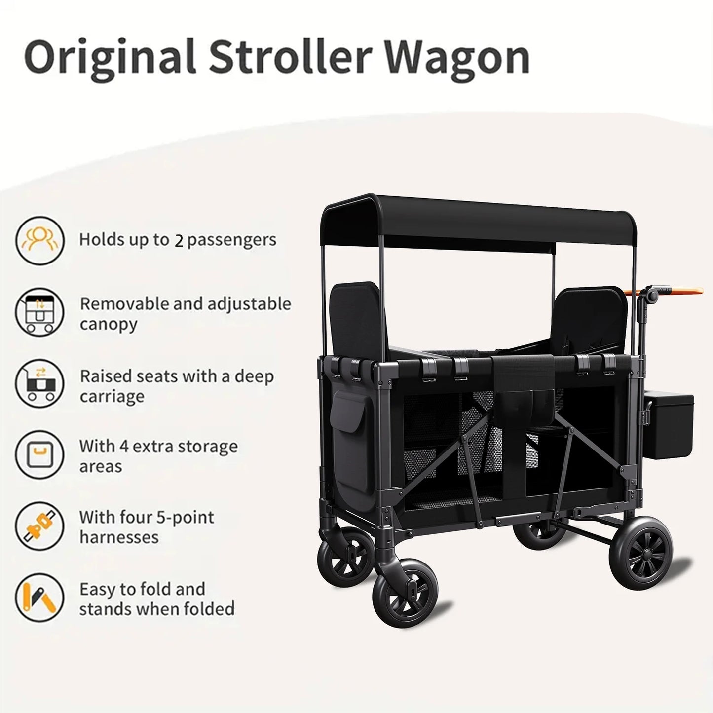 Double Stroller Wagon (2 Seater) - Collapsible Wagon Stroller with Seats with Magnetic Buckle 5-Point Harnesses