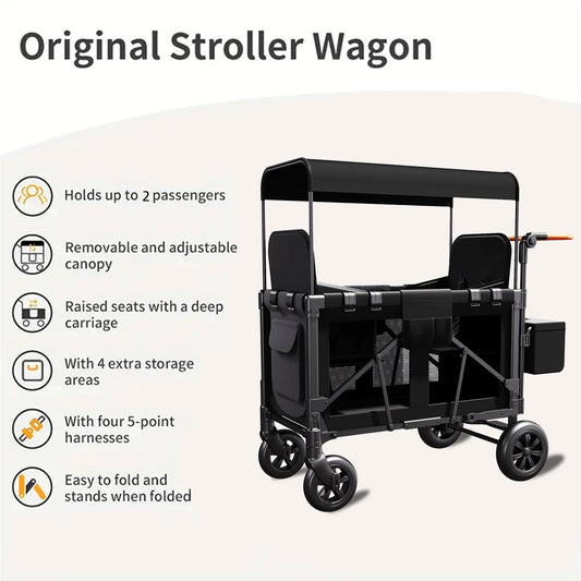 Double Stroller Wagon (2 Seater) - Collapsible Wagon Stroller with Seats with Magnetic Buckle 5-Point Harnesses