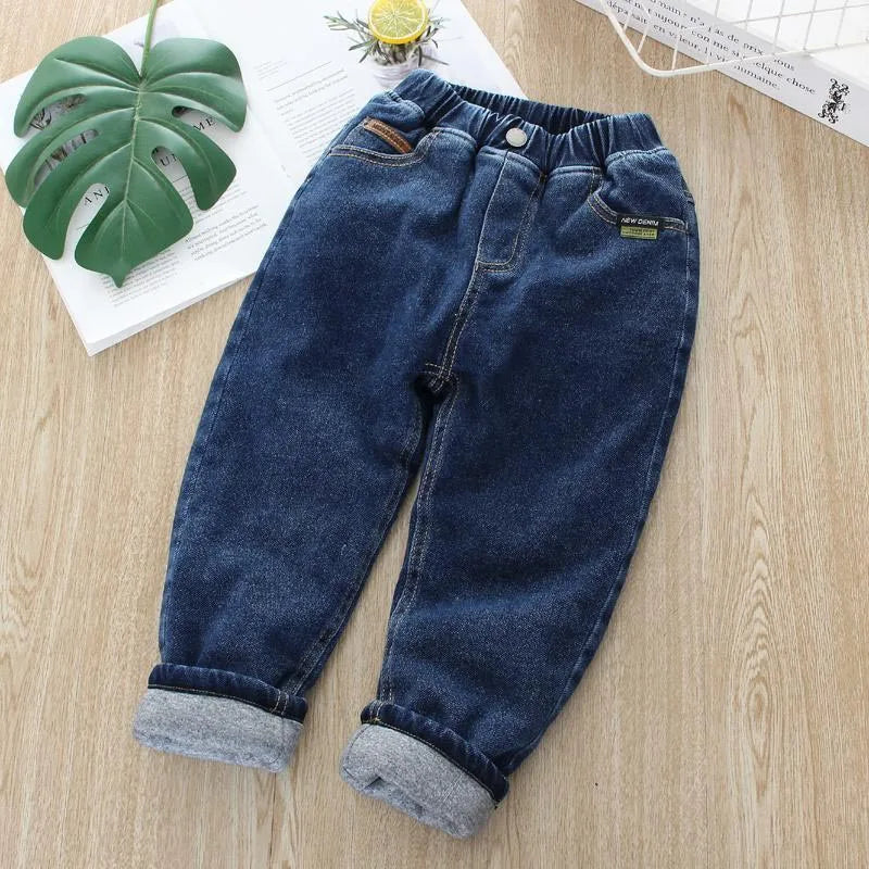 Children's Winter Warm Jeans Solid Plus Velvet Elastic Waist Kid Boy Haren Pants Vintage Soft Cotton Toddler Boy Carrot Trousers