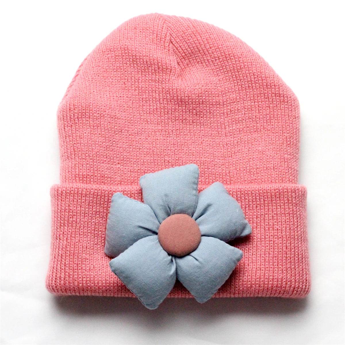 Flower Winter Knitted Hat for Baby Girl Hair Accessories Newborn Cute Winter Crochet Beanie with Fabric Sun Flower Infant Bonnet