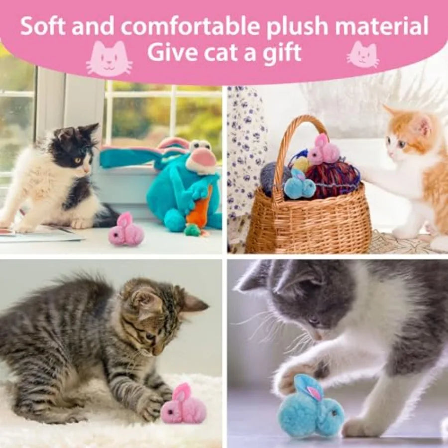10Pcs Plush Toy Balls, Cute Bunny Shape Kitten Pompom Soft 5.5cm 2.16in Puff Ball Indoor Fun Colorful Cat Ball Toy Pom Pom Ball.