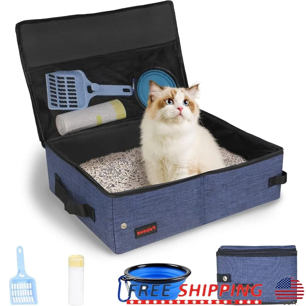Portable Cat Travel Litter Box Collapsible Zip Lid Lightweight Leakproof Odor Control Easy Carry Cat Travel Essentials Includes