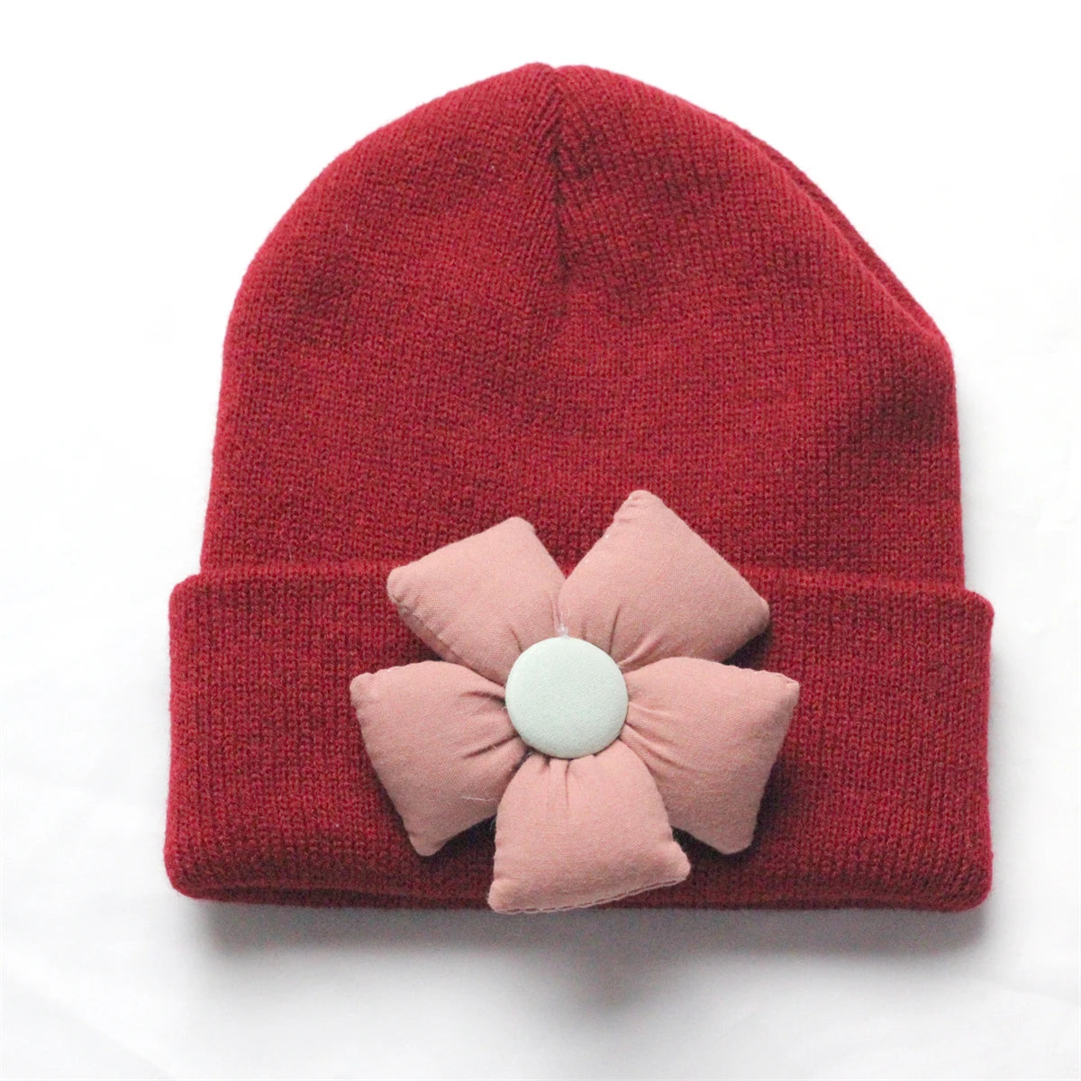 Flower Winter Knitted Hat for Baby Girl Hair Accessories Newborn Cute Winter Crochet Beanie with Fabric Sun Flower Infant Bonnet
