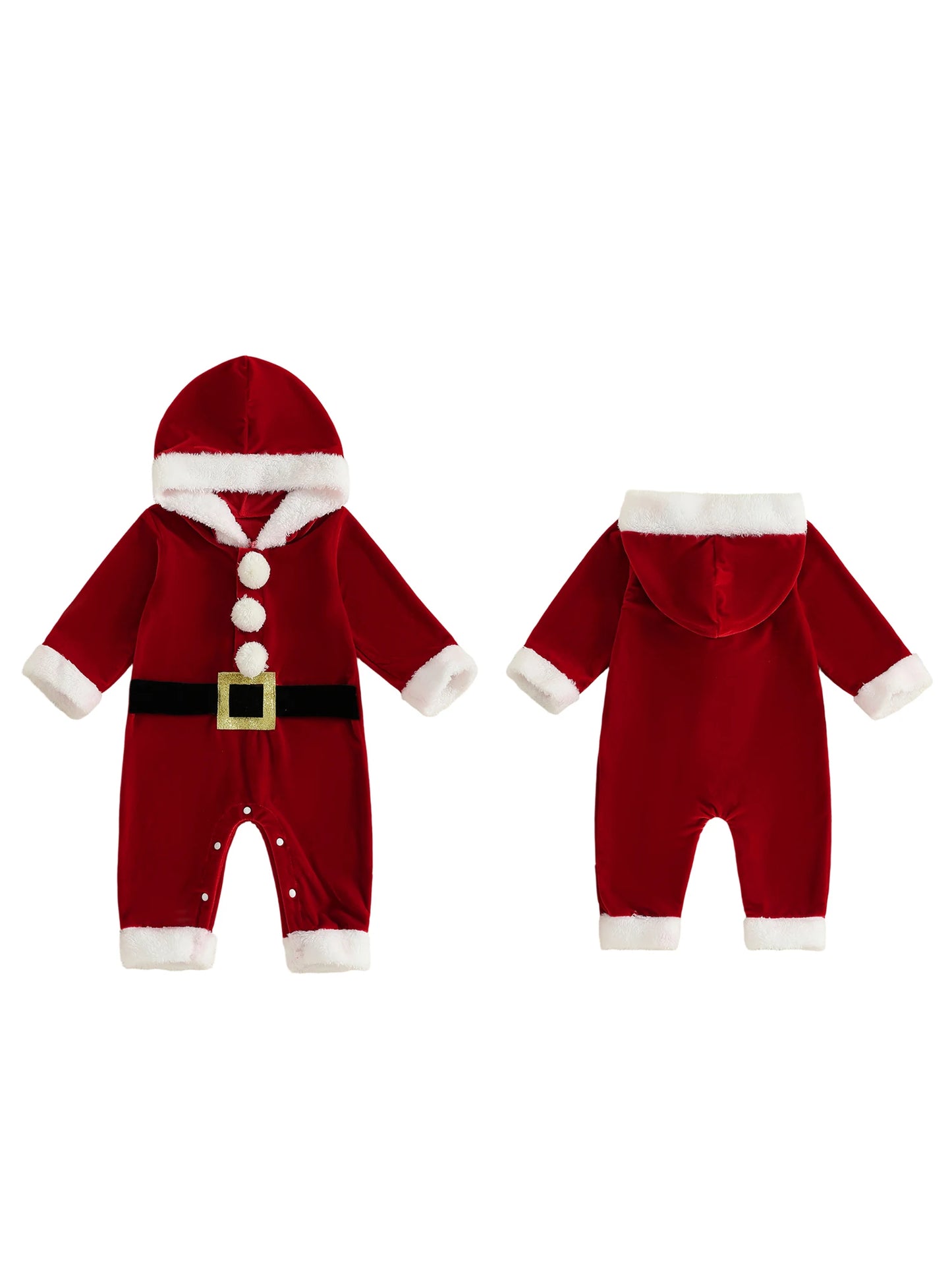 Infant Holiday Red Velvet  with Festive Belt Design Long Sleeves Hood and Santa Print - Adorable Christmas Outfit