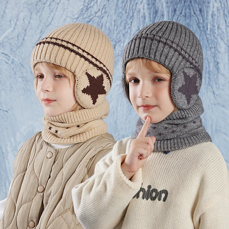 2pcs 3-12Y Kids Autumn Winter Set Warm Thick Windproof Ear Protection Hat Scarf for Boys Girls