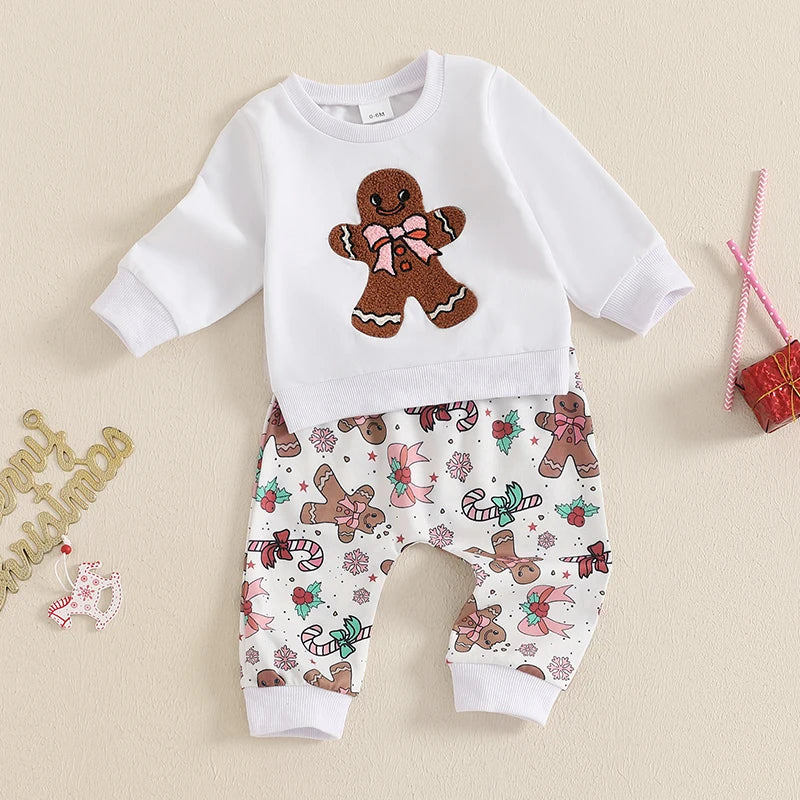Toddler Girl Boy Christmas Outfits Embroidery Long Sleeve Sweatshirt with Gingerbread Man Print Pants Set