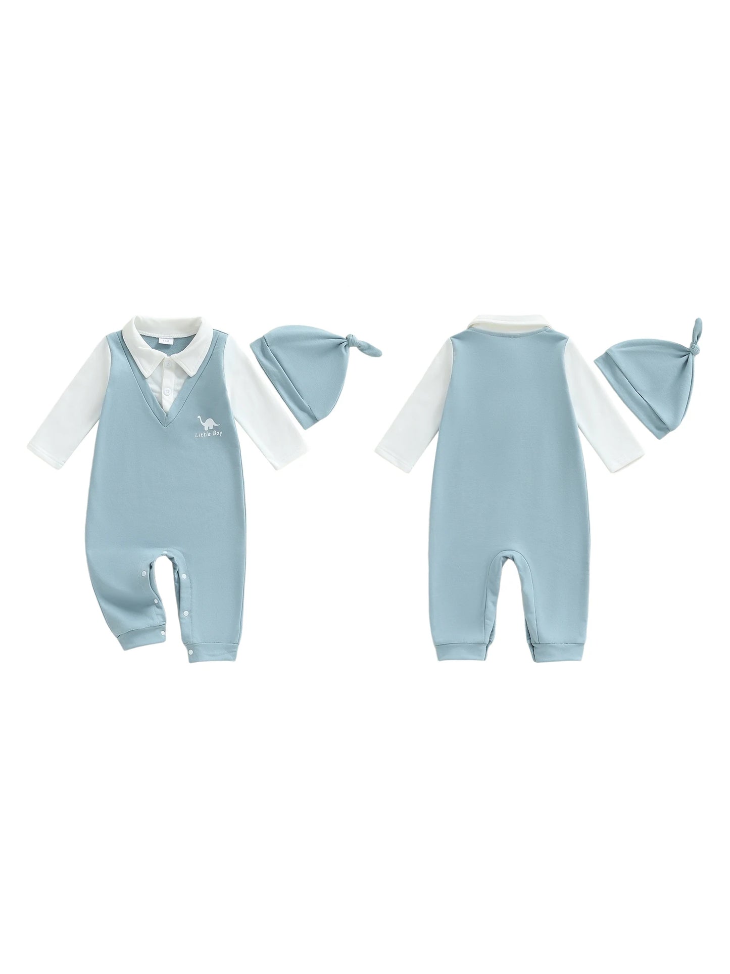 Toddler Boys Autumn Romper Color Block Long Sleeve Lapel Animal Print  Outfit with Matching Beanie