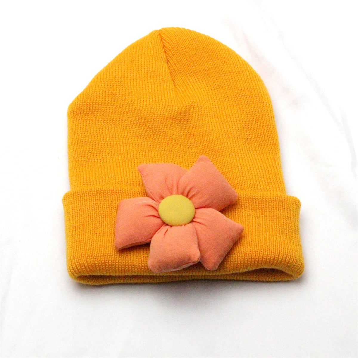 Flower Winter Knitted Hat for Baby Girl Hair Accessories Newborn Cute Winter Crochet Beanie with Fabric Sun Flower Infant Bonnet