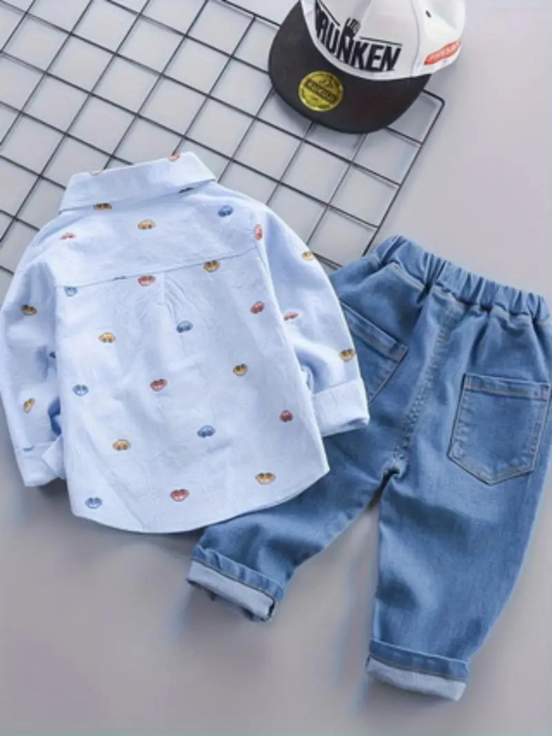 Boys' Spring and Autumn New Fashionable Casual Car Shirt, Boys' Baby Jeans Two Piece Set