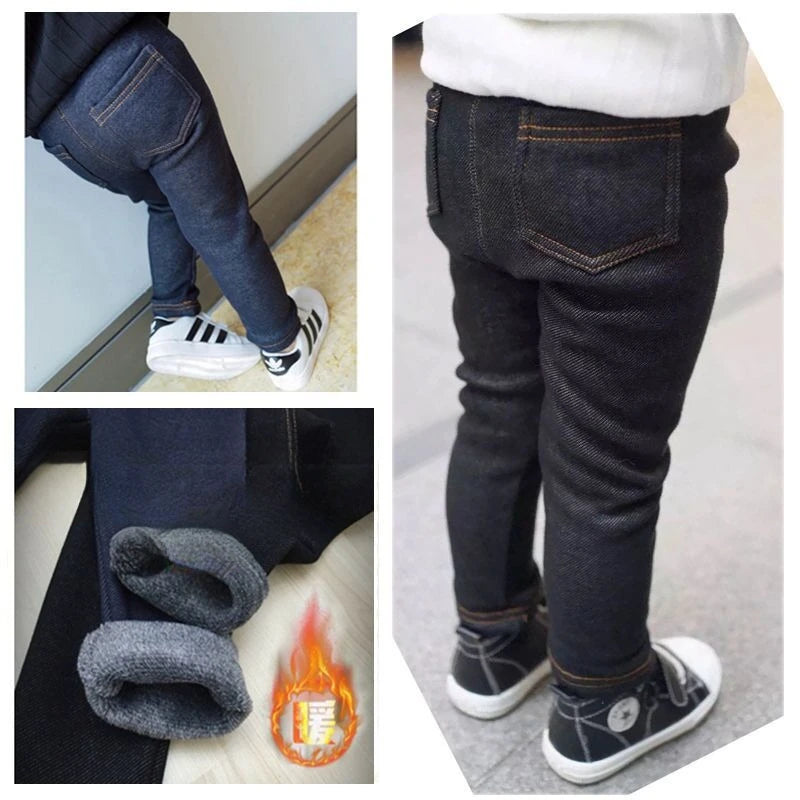 Winter Baby Boys Imitation Denim 2-6Y Children Thin Loose Trousers Boys Stretch Warm Pants Autumn Fashion Kids Fleece Jeans
